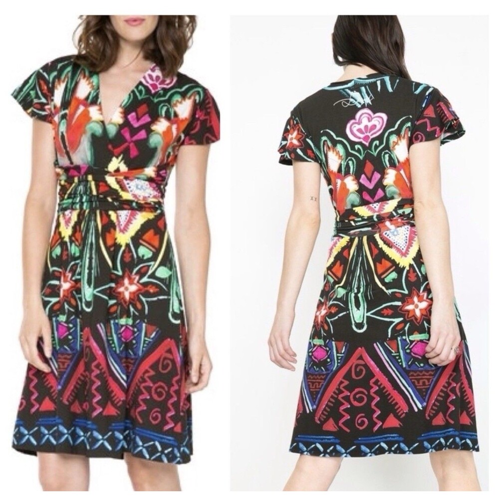 Desigual Women’s Small Black Multicolor Floral Geometric Print Fit Flare Dress